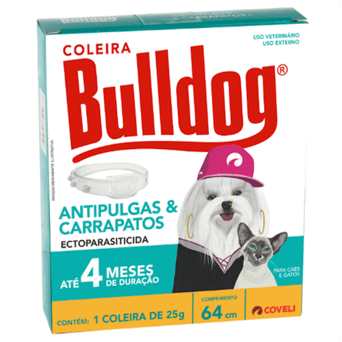 COLEIRA ANTIPULGAS E CARRAPATOS BULLDOG 4 COM 64CM E 25G PARA CÃES E GATOS COVELI